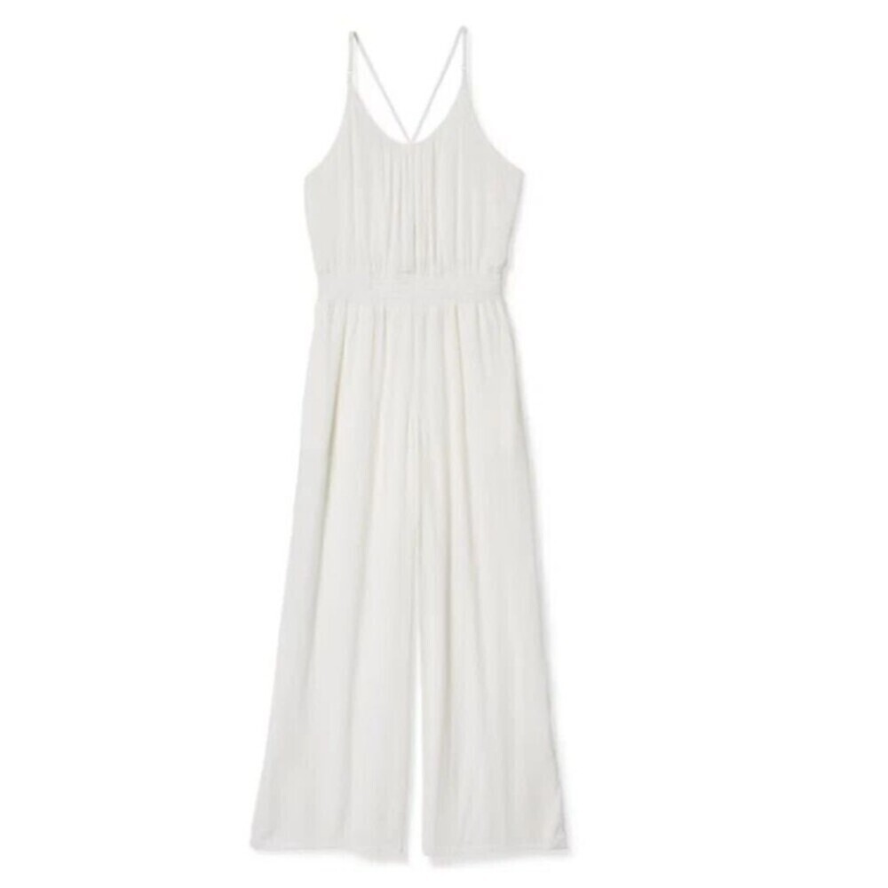 PrAna Fernie Jumpsuit Womens Large White Tencel Gauze Wide Leg Cruise Vacation - Picture 2 of 6